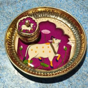 Pichwai Design Gold Tray with Matching Kumkum Jar (Assorted)