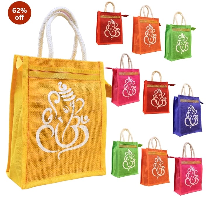 Ganesha And Kolam Print Return Gift Jute Bag With Zipper 1 Jute bag