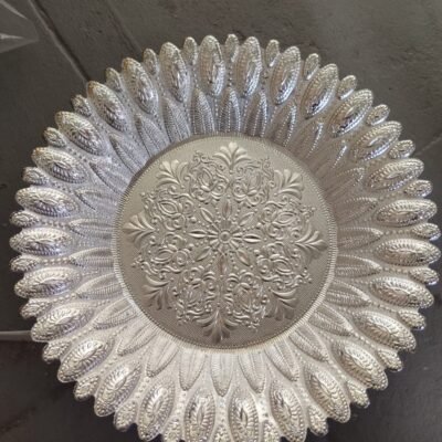 Decorative Round Plate (Floral Embossed Design Silver Finish )