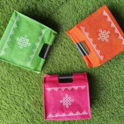 Kolam Jute Bag with Wooden Handle Shopper bag (Assorted colour)