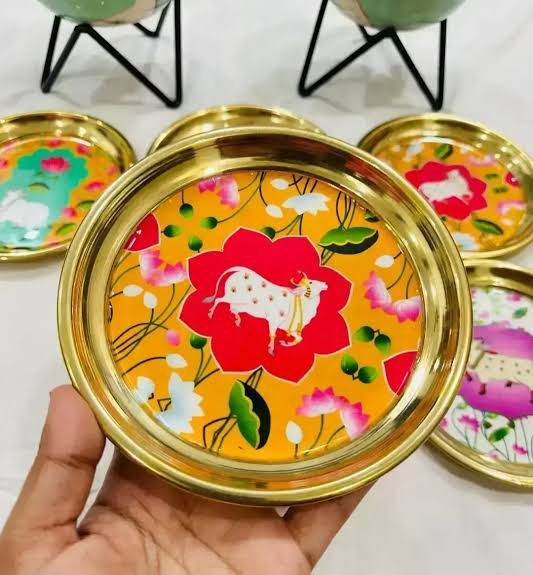 Brass Pichwai Pooja Plate(Multi Design) 8 inch 4 Brass Pichwai Pooja Plate(Multi Design) 8 inch - Image 4