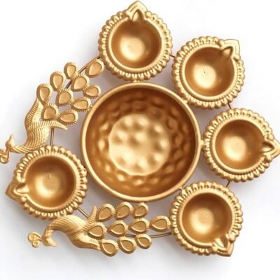Urli Bowl with Diya Holders(Golden Brass Peacock Design)