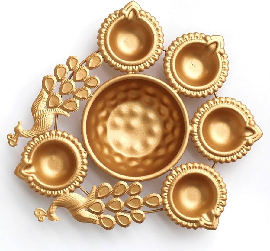 Urli Bowl with Diya Holders(Golden Brass Peacock Design) 1 Urli Bowl with Diya Holders(Golden Brass Peacock Design)